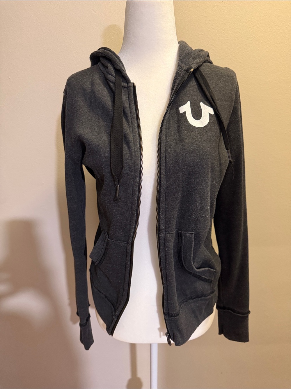 True Religion Charcoal Gray Zip Hoodie with Horseshoe Logo